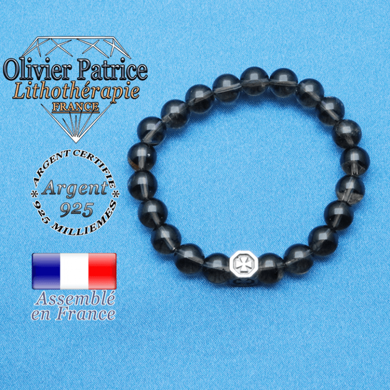 bracelet cube croix en argent 925 et sa pierre naturelle en quartz fume