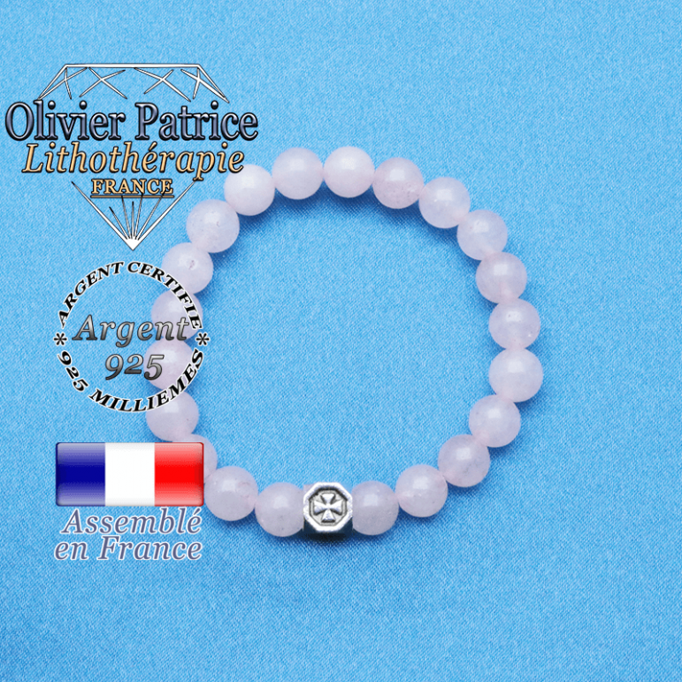 bracelet cube croix en argent 925 et sa pierre naturelle en quartz rose