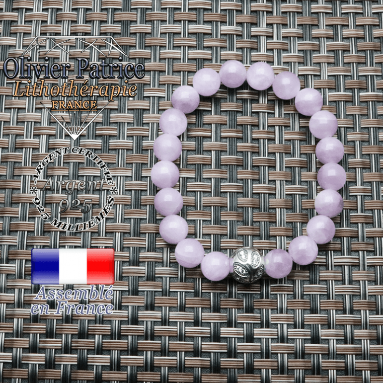 Bracelet avec sa boule feuille graveen argent 925 et ses pierres naturelles en kunzite