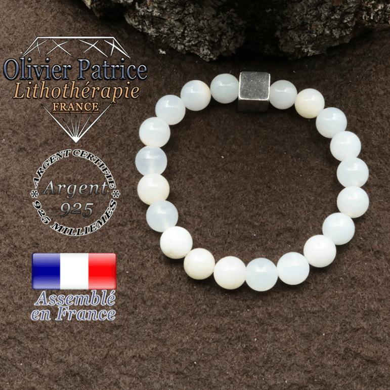 Bracelet opale verte péruvienne et petit cube 8 mm en argent 925
