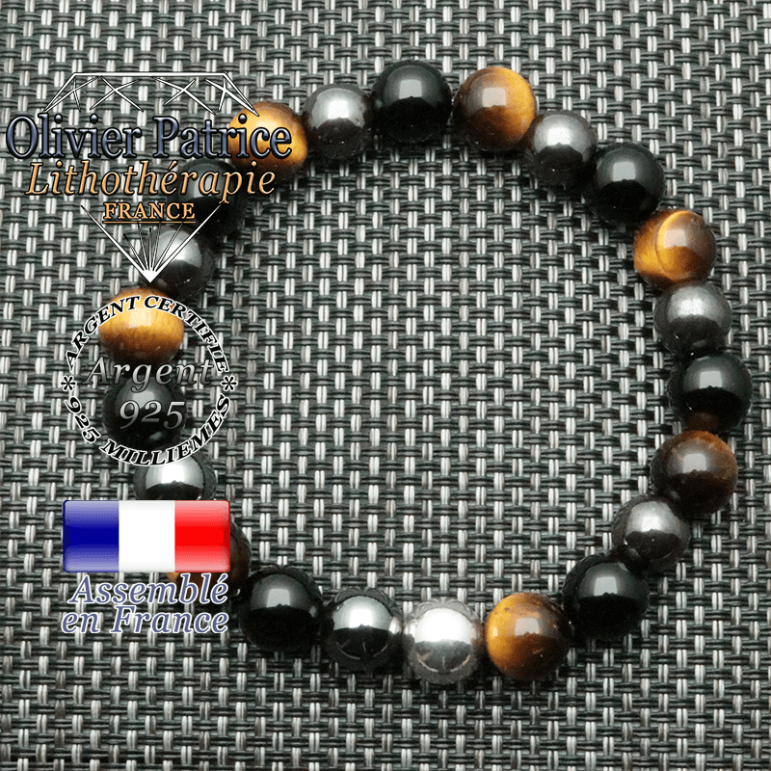 Bracelet protection homme avec boule lisse argent 925 de 10 mm et oeil de tigre, obsidienne et hématite 10 mm naturelles