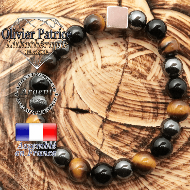 Bracelet de protection messieurs avec son cube argent 925 en 10 mm et obsidienne, oeil de tigre, hématite naturelles 10 mm