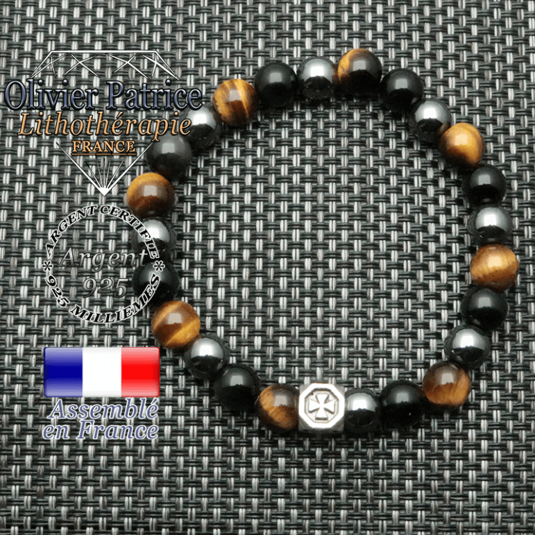 bracelet cube croix en argent 925 et ses pierres naturelles de protection oeil de tigre, obsidienne et hematite