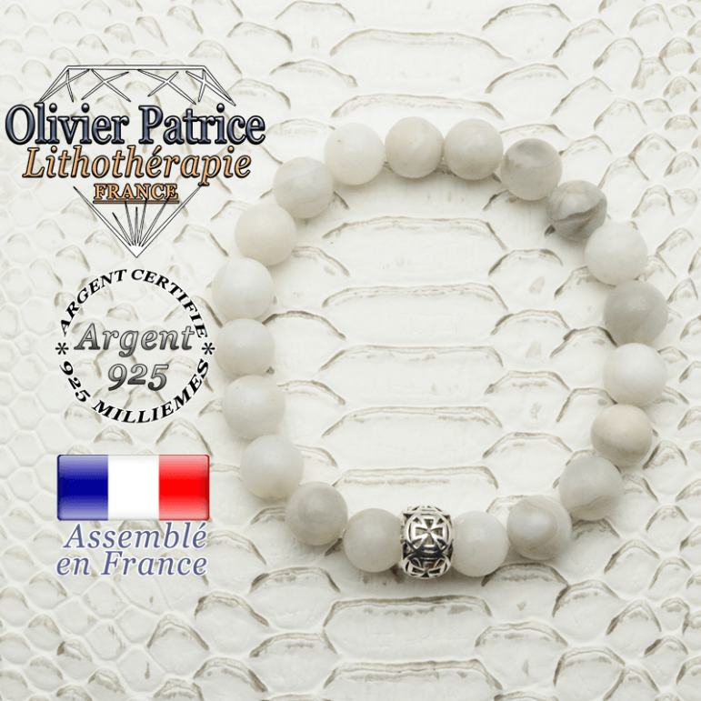 Bracelet en agate grise naturelle monté avec une boule croix  templier en argent 925