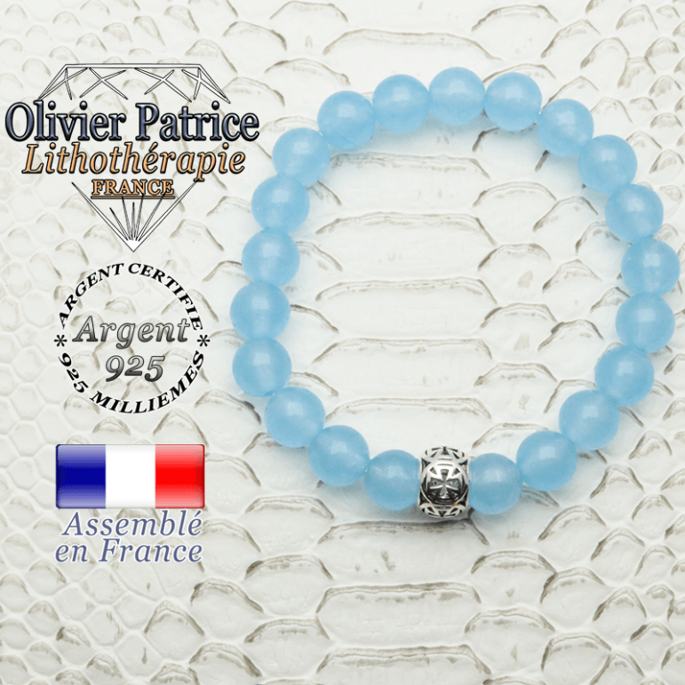 Bracelet en agate bleue naturelle et boule croix templier en argent 925