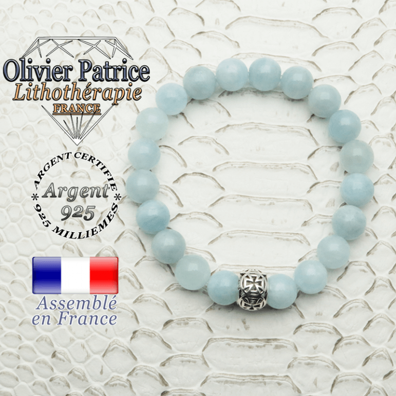 Bracelet en pierre naturelle aigue marine et boule croix templier en argent 925 gravée