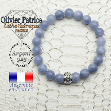 Bracelet en pierre naturelle angélite avec son apprêt boule croix de templier en argent 925