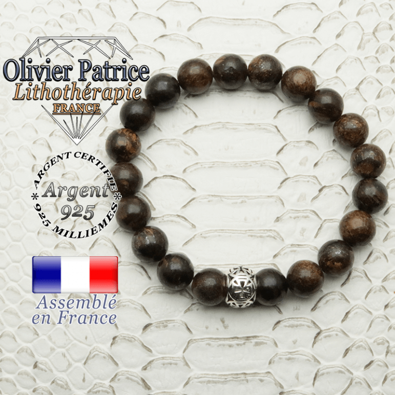 Bracelet de perles naturelles de bronzite de 8 mm avec sa boule croix templier argent 925
