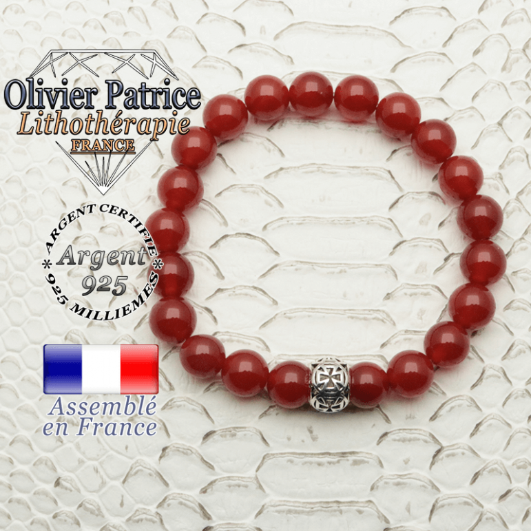 Bracelet de cornaline naturelle avec sa boule croix templier en argent 925
