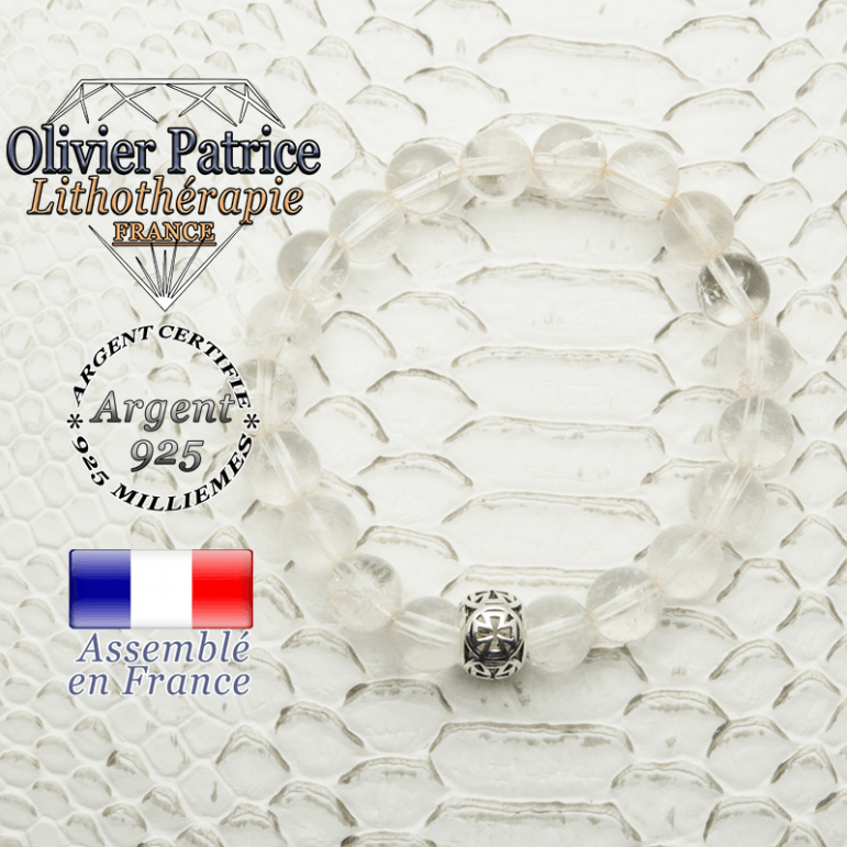 Bracelet en cristal de roche naturel avec sa boule croix templier en argent 925