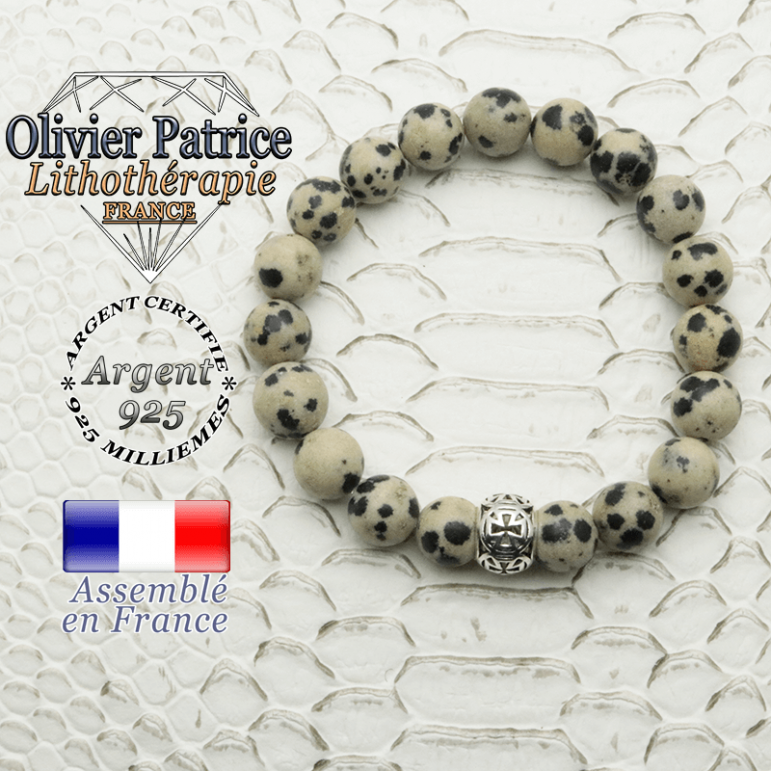 Bracelet jaspe dalmatien naturel et boule croix templier en argent 925