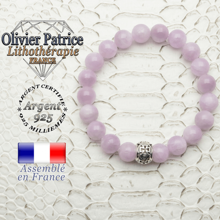 Bracelet en kunzite naturelle monté sur une boule croix templier argent 925