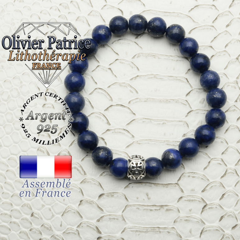 Bracelet de lapis lazuli avec une boule croix templier en argent 925 de 7 x 10 mm