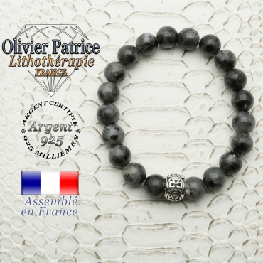 Bracelet en pierre naturelle de larvikite et sa boule croix templier en argent 925