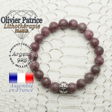 Bracelet en pierre naturelle de lépidolite et sa boule croix templier en argent 925