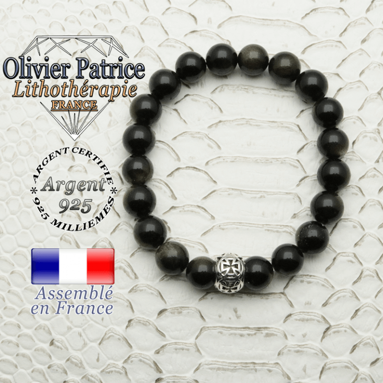 Bracelet en pierre naturelle d'obsidienne dorée et sa boule croix templier en argent 925