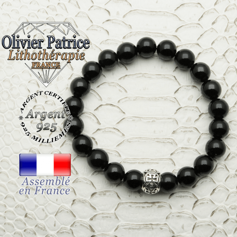 Bracelet en pierre naturelle d'obsidienne et sa boule croix templier en argent 925