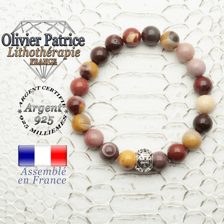 Bracelet jaspe mokaïte naturel monté sur une boule en argent 925 en forme de croix de templier