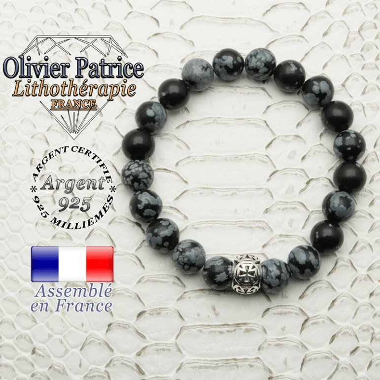 Bracelet obsidienne neige naturelle avec son apprêt boule croix templier en argent 925