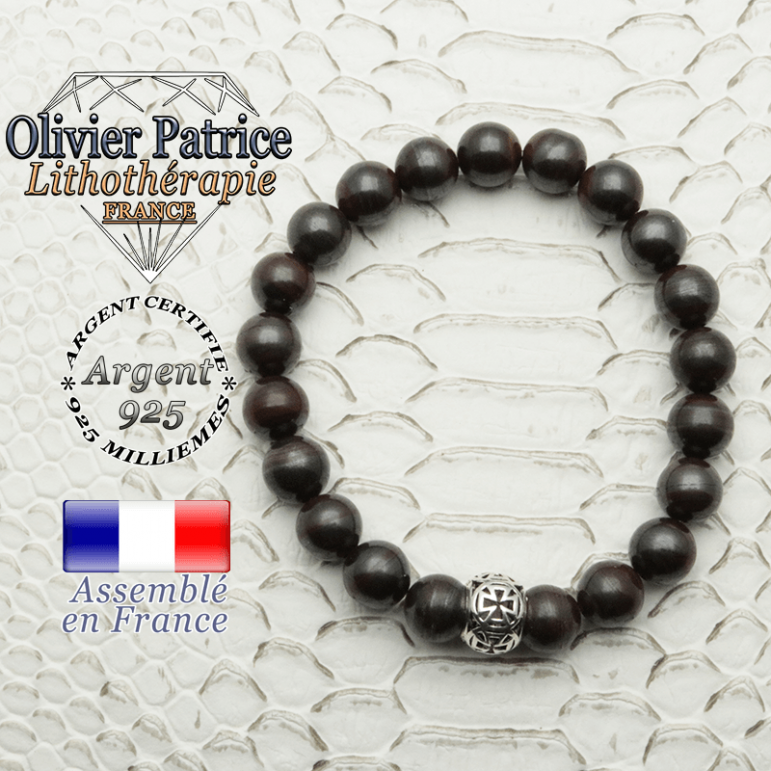Bracelet oeil de fer naturel avec sa boule croix templier en argent 925
