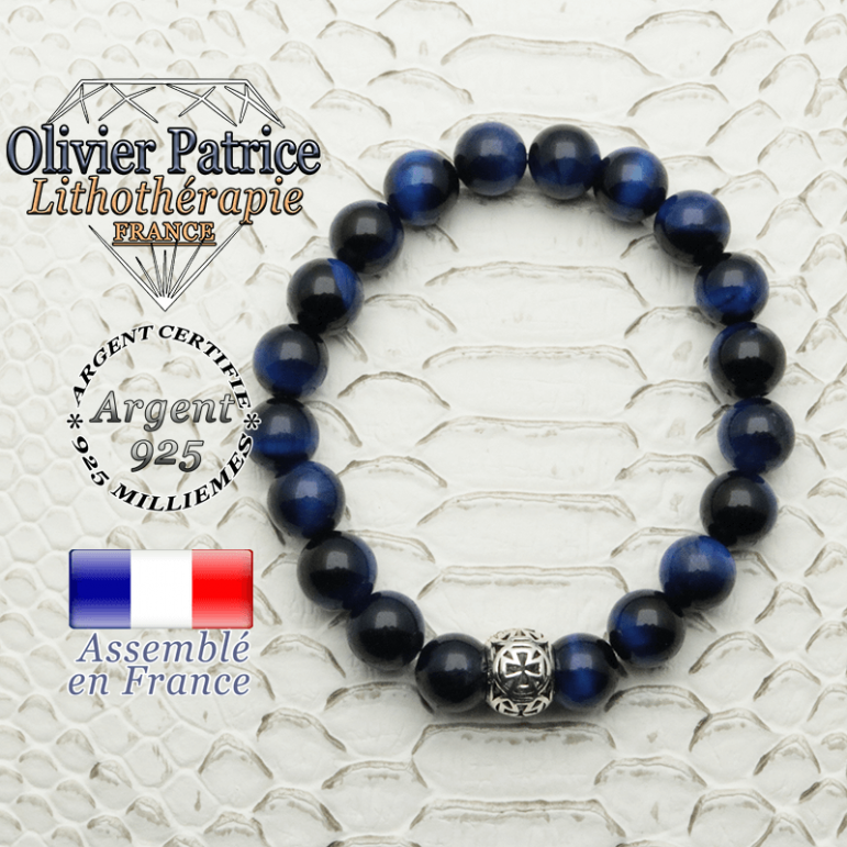 Bracelet oeil de tigre teinte bleue avec sa boule croix templier en argent 925