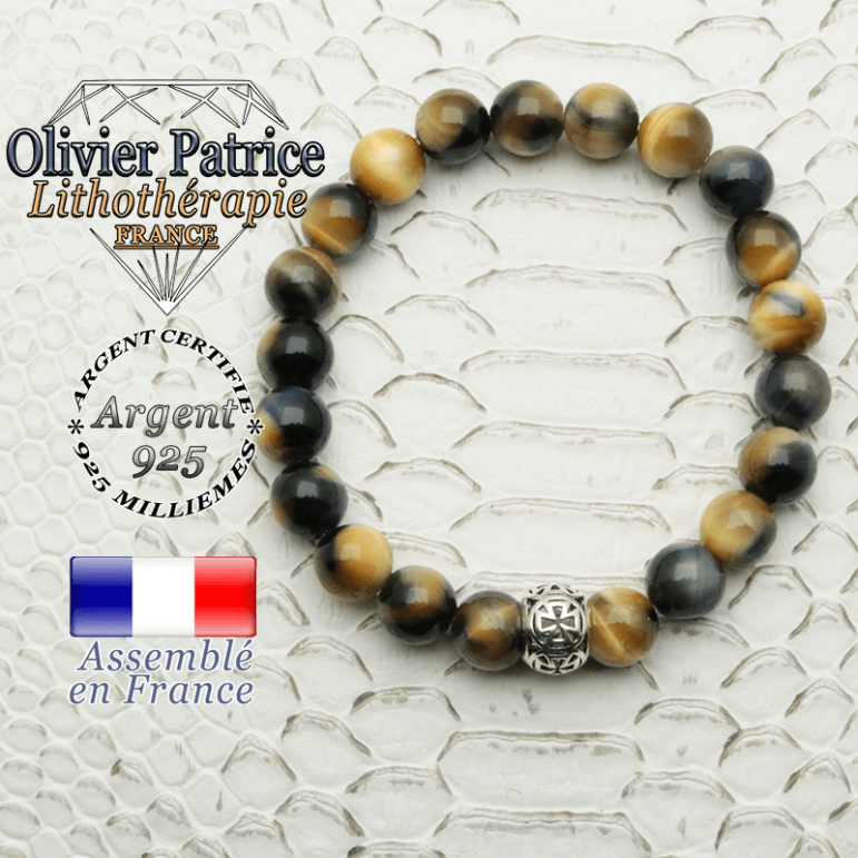 Bracelet oeil de faucon - tigre bleu naturel et boule croix de templier en argent 925