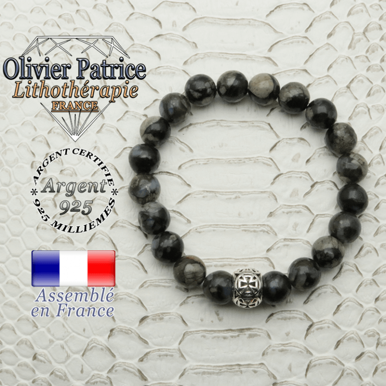 Bracelet opale grise naturelle et sa boule croix de templier en argent 925