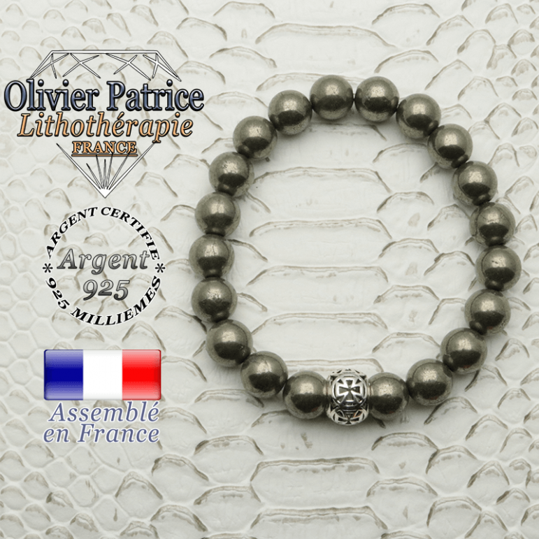 Bracelet pyrite et son apprêt argent 925 en forme de croix templier