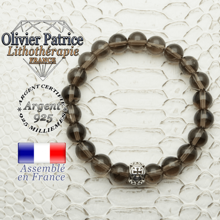 Bracelet quartz fumé naturel et son apprêt argent 925 boule croix de templier