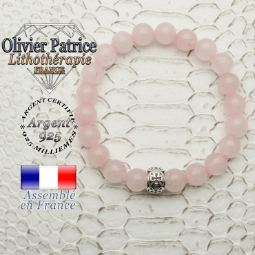 Bracelet quartz rose naturel et son apprêt argent 925 boule croix de templier