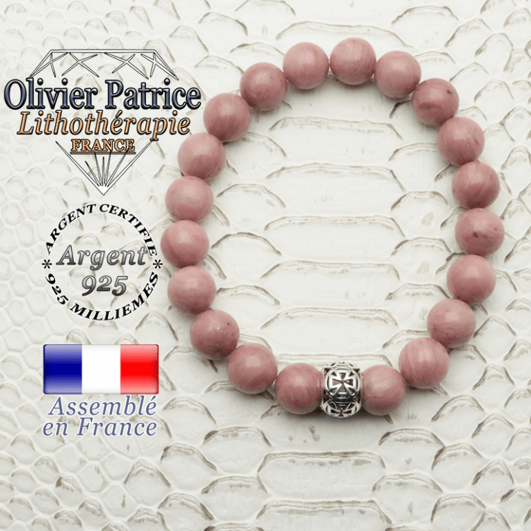 Bracelet rhodochrosite naturel et son apprêt argent 925 boule croix de templier