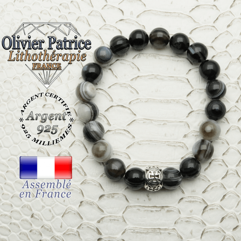 Bracelet sardonyx naturel et son apprêt argent 925 boule croix de templier