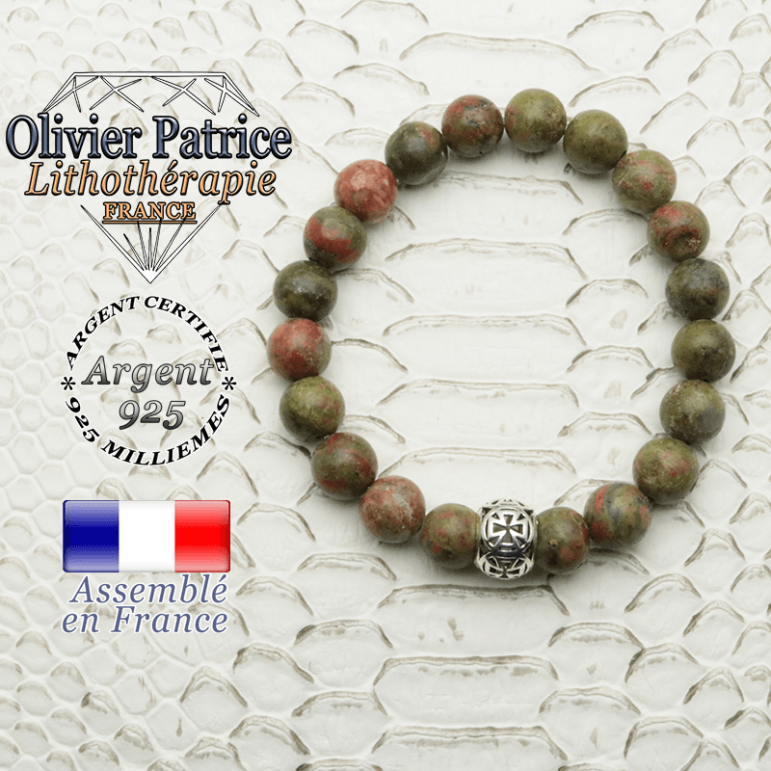 Bracelet unakite et boule croix templier en argent 925