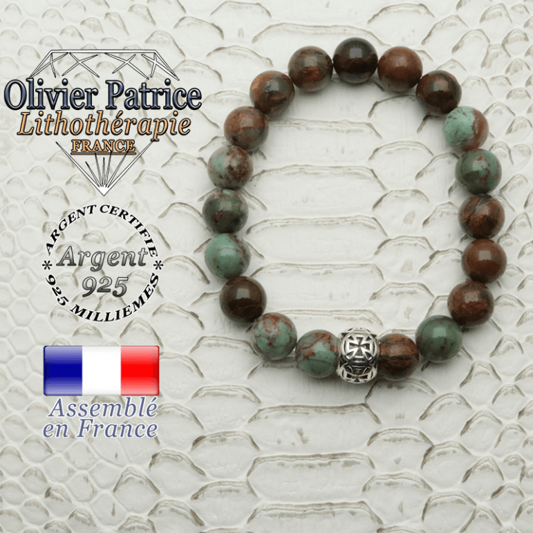 Bracelet opale verte africaine, pierre naturelle de 8mm, avec boule croix templier en argent 925