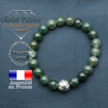 Bracelet surmonté de sa boule gravée de feuilles en argent 925 en pierre naturelle en agate mousse