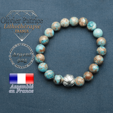 Bracelet surmonté de sa boule gravée de feuilles en argent 925 en pierre naturelle en agate crazy lace bleu