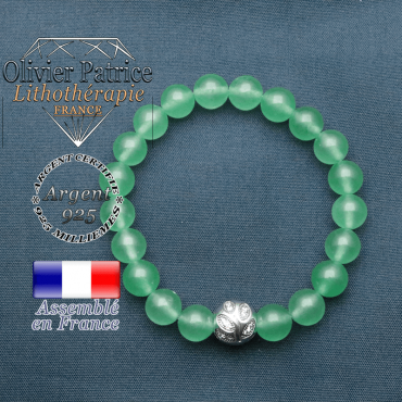 Bracelet surmonté de sa boule gravée de feuilles en argent 925 en pierre naturelle en aventurine