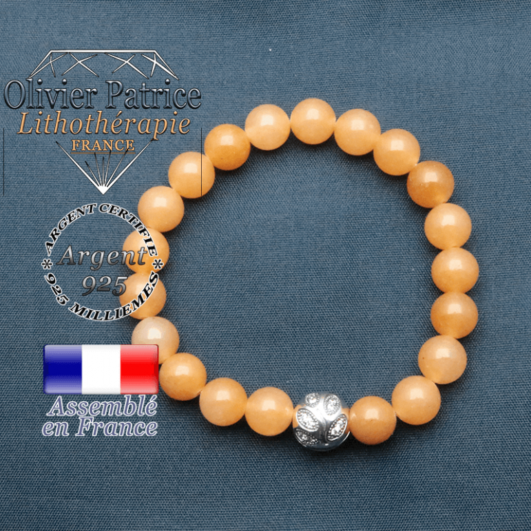 Bracelet surmonté de sa boule gravée de feuilles en argent 925 en pierre naturelle en aventurine orange