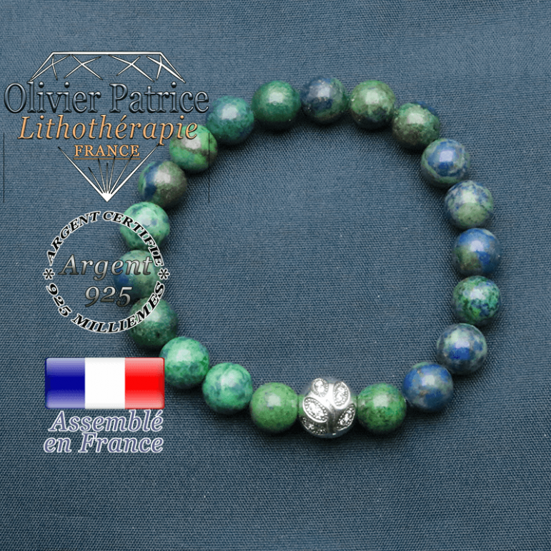Bracelet surmonté de sa boule gravée de feuilles en argent 925 en pierre naturelle en azurite malachite
