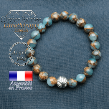 Bracelet surmonté de sa boule gravée de feuilles en argent 925 en pierre naturelle en bornite