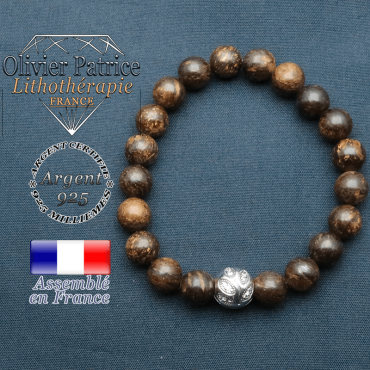 Bracelet surmonté de sa boule gravée de feuilles en argent 925 en pierre naturelle en bronzite