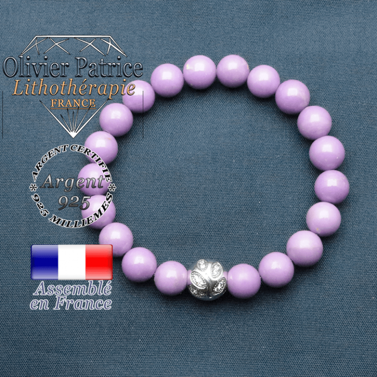 Bracelet surmonté de sa boule gravée de feuilles en argent 925 en pierre naturelle en phosphosiderite