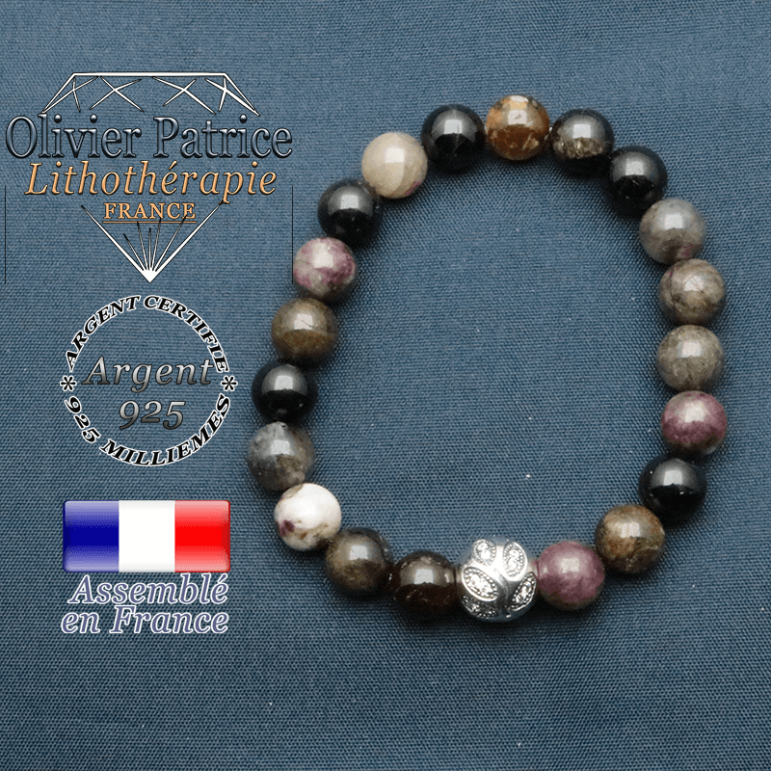 Bracelet surmonté de sa boule gravée de feuilles en argent 925 en pierre naturelle en tourmaline elbaite