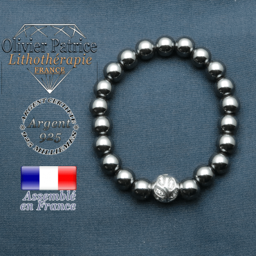 Bracelet surmonté de sa boule gravée de feuilles en argent 925 en pierre naturelle en hematite