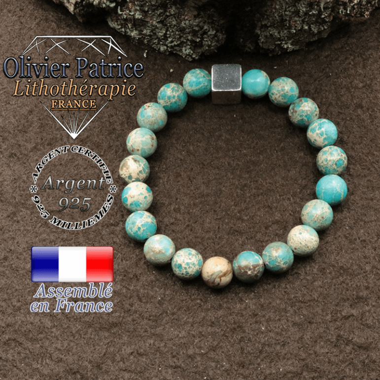 Bracelet surmonté de son cube en 8mm en argent 925 en pierre naturelle en agate dentelle