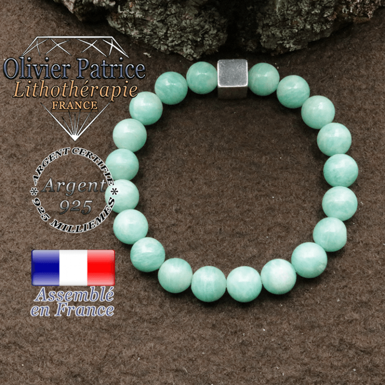 Bracelet en amazonite et petit cube 8 mm en argent 925