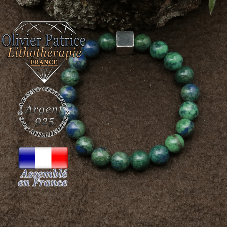 Bracelet azurite malachite et petit cube 8 mm en argent 925