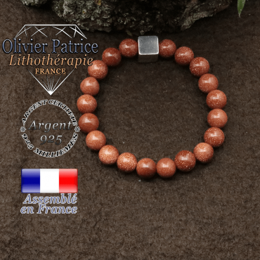 Bracelet goldstone et petit cube 8 mm en argent 925