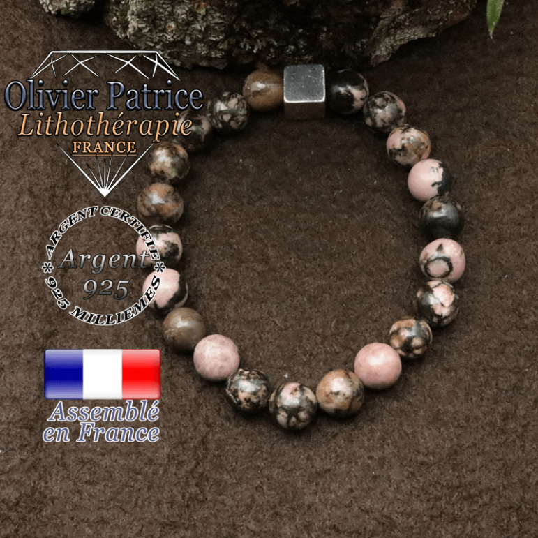 Bracelet rhodonite et petit cube 8 mm en argent 925
