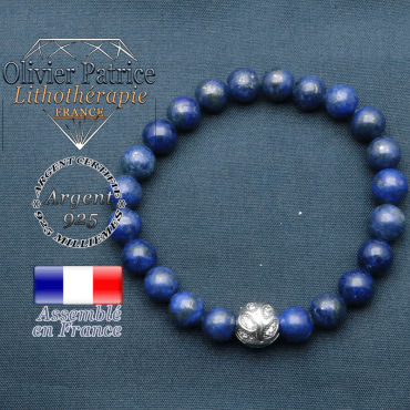 Bracelet surmonté de sa boule gravée de feuilles en argent 925 en pierre naturelle en lapis lazuli